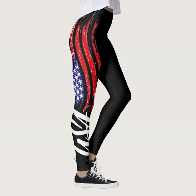 USA Flag Leggings - Patriotic Black Womens Fashion (Right)