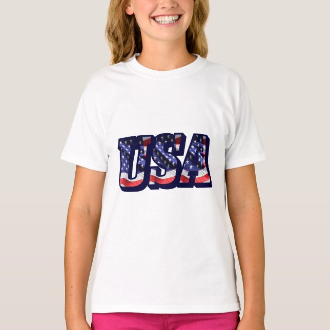 USA Flag Letters, Flag Girls' Hanes TAGLESS® Shirt (Front)