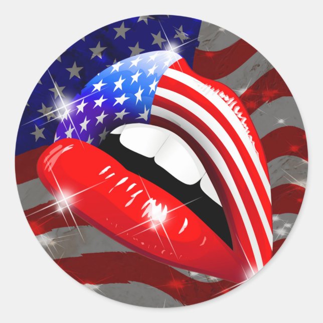 USA Flag Lipstick on Sensual Lips Classic Round Sticker (Front)
