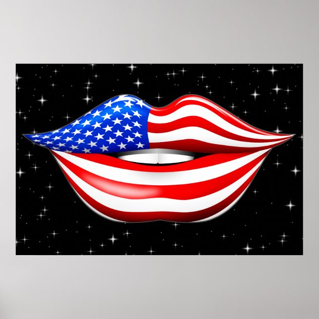 USA Flag Lipstick on Smiling Lips Poster (Front)
