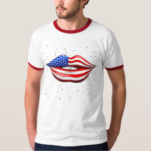 USA Flag Lipstick on Smiling Lips T-Shirt
