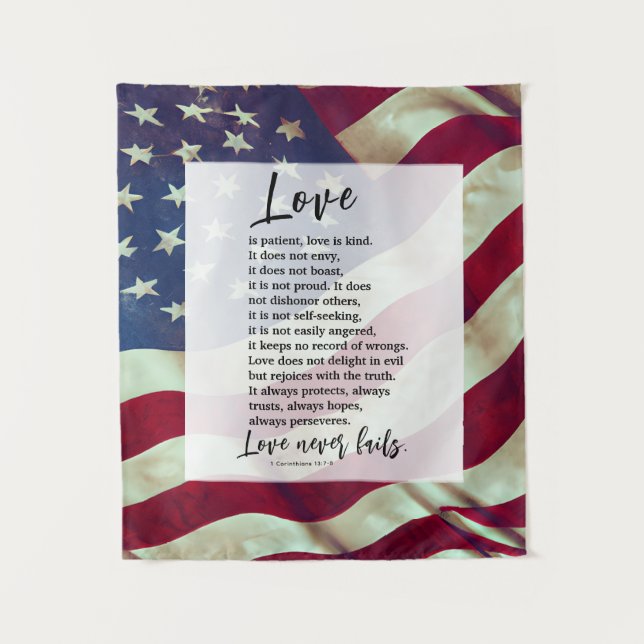 USA Flag Love is Patient Bible Patriotic Wedding  Tapestry (Front)