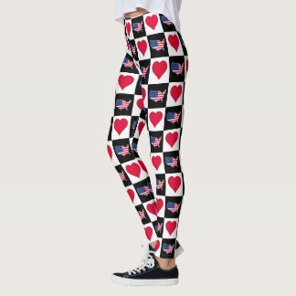 USA Flag Map and Hearts Chequered Pattern Leggings