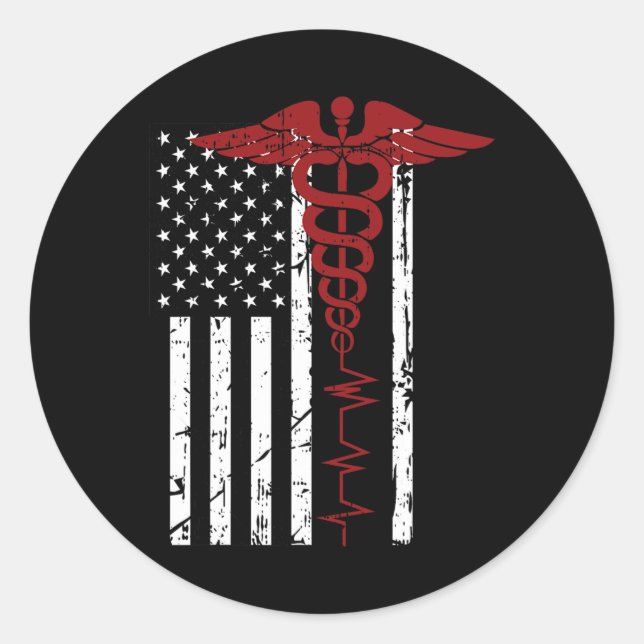 Usa Flag Medical Symbol Black Patriotic Caduceus N Classic Round Sticker (Front)