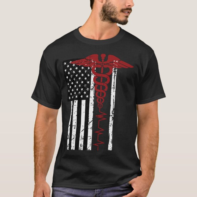 USA Flag Medical Symbol Black Patriotic Caduceus N T-Shirt (Front)