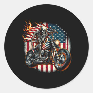 Usa Flag Motorcycle Skeleton Biker 4th July Americ Classic Round Sticker