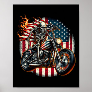 Usa Flag Motorcycle Skeleton Biker 4th July Americ Poster