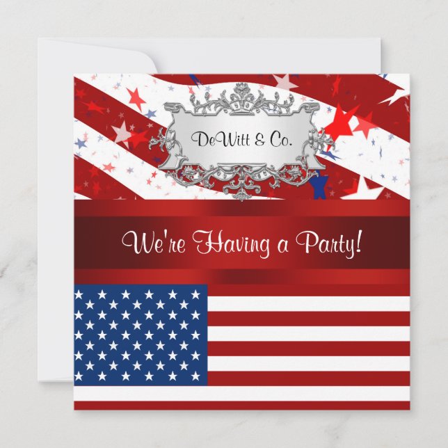 USA Flag Party Invitation Red White Blue Silver (Front)