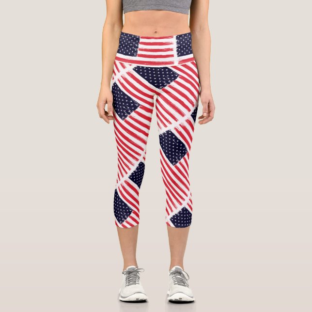 USA Flag Patriotic American Flag Red White Blue Capri Leggings (Front)