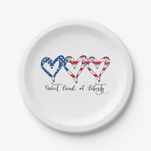 USA Flag Patriotic Hearts 4th of July Sweet Land o Paper Plate