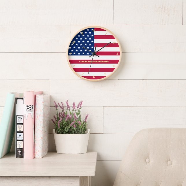 USA Flag Patriotic Home Office Decor Gold Monogram Clock (Reading Room)