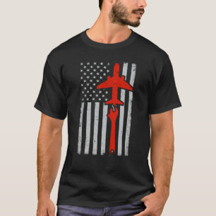 USA Flag Plane Aeroplane Mechanical Engineer Wrenc T-Shirt