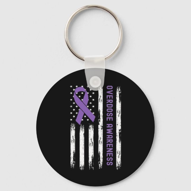 USA Flag Purple Ribbon Overdose Awareness  Key Ring (Front)