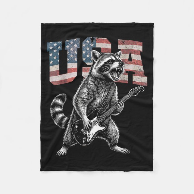 Usa Flag Racoon Playing Guitar - Funny Trash Fleece Blanket (Front)