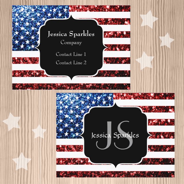 USA flag red and blue sparkles glitters Monogram Business Card (Customize patriotic USA flag red and blue faux sparkles glitters print Monogram Business Card)