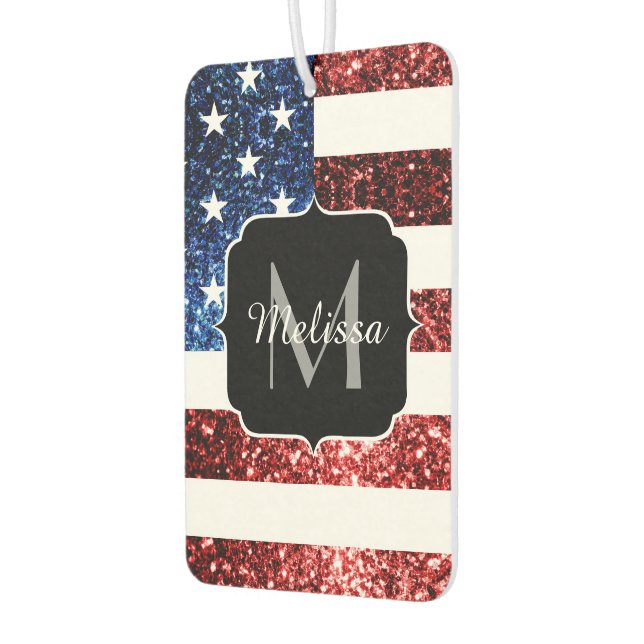USA flag red and blue sparkles glitters Monogram Car Air Freshener (Left)