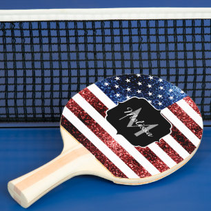 USA flag red and blue sparkles glitters Monogram Ping Pong Paddle