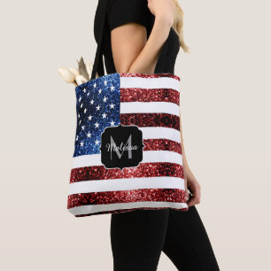 USA flag red and blue sparkles glitters Monogram Tote Bag