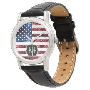 USA flag red and blue sparkles glitters Monogram Watch