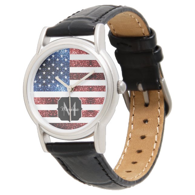 USA flag red and blue sparkles glitters Monogram Watch (Angled)