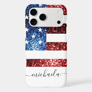 USA flag red blue faux sparkles glitters Monogram