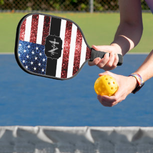 USA flag red blue faux sparkles glitters Monogram Pickleball Paddle