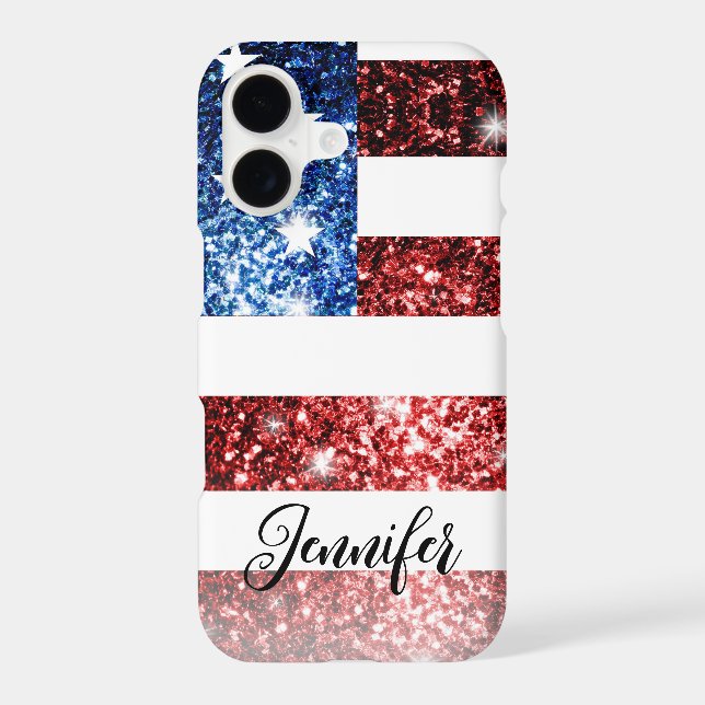 USA flag red blue faux sparkles glitters Your name iPhone Case (Back)