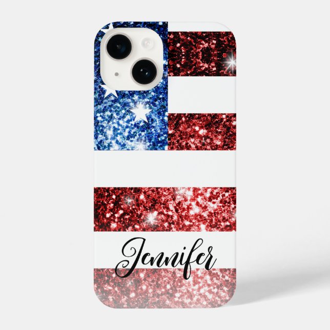 USA flag red blue faux sparkles glitters Your name iPhone Case (Back)
