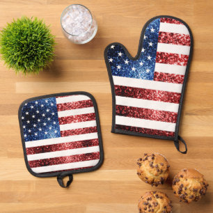 USA flag red blue faux sparkles patriotic bling Oven Mitt & Pot Holder Set