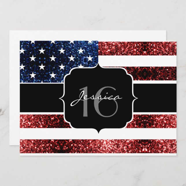 USA flag red blue sparkles glitter Sweet 16 invite (Front/Back)