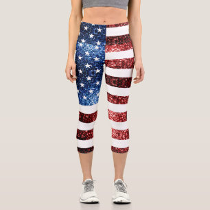 USA flag red blue sparkles glitters Capri Leggings