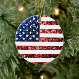 USA flag red blue sparkles glitters Ceramic Tree Decoration