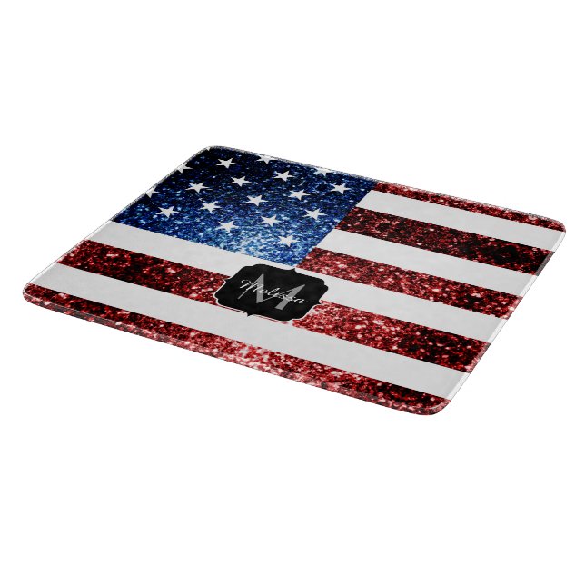 USA flag red blue sparkles glitters Monogram Cutting Board (Corner)