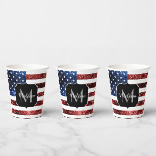 USA flag red blue sparkles glitters Monogram Paper Cups