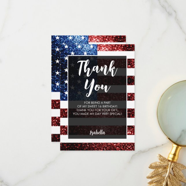 USA flag red blue sparkles Sweet 16 Script Thank You Card (Front/Back In Situ)