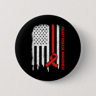 Usa Flag Red Ribbon Heart Disease Awareness  6 Cm Round Badge