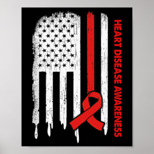 Usa Flag Red Ribbon Heart Disease Awareness  Poster