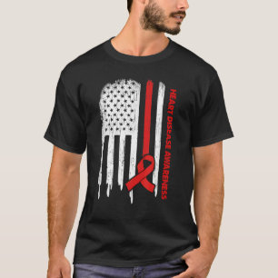 Usa Flag Red Ribbon Heart Disease Awareness T-Shirt