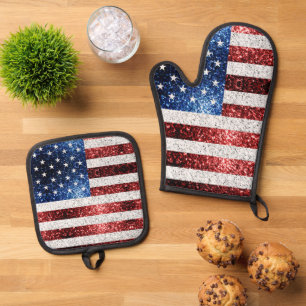 USA flag red white blue faux sparkle patriotic Oven Mitt & Pot Holder Set