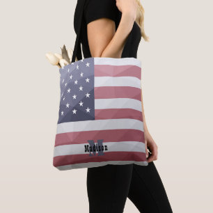 USA flag Red White Blue Geometric Mesh Monogram Tote Bag