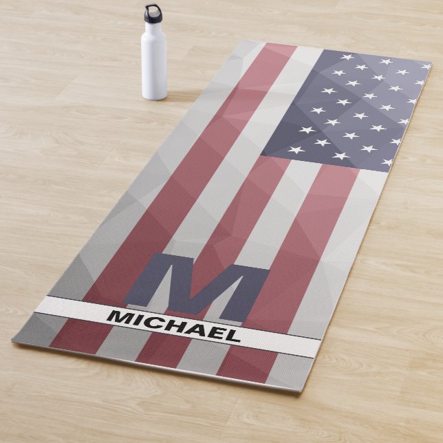 USA flag Red White Blue Geometric Mesh Monogram Yoga Mat (In Situ)
