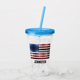 USA flag red white blue sparkles bling Custom name Acrylic Tumbler
