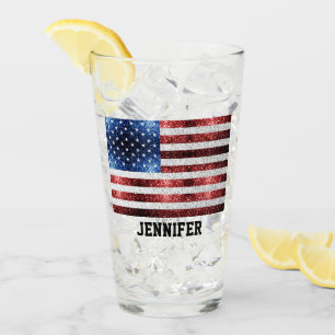 USA flag red white blue sparkles bling Custom name Glass