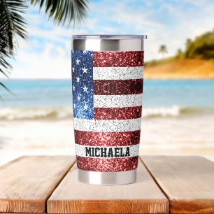 USA flag red white blue sparkles bling Custom name Insulated Tumbler