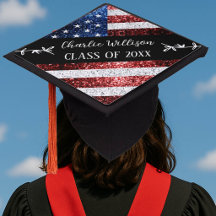 USA flag red white blue sparkles Custom name Class