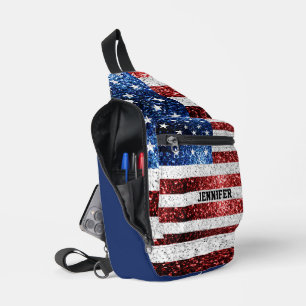 USA flag red white blue sparkles Custom name Sling Bag