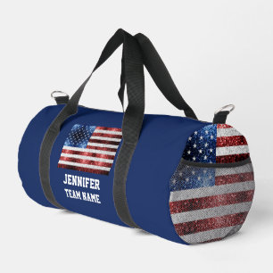 USA flag red white blue sparkles Custom team name Duffle Bag