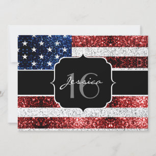 USA flag red white blue sparkles glitter Sweet 16 Invitation