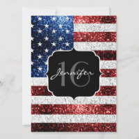USA flag red white blue sparkles glitter Sweet 16