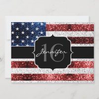 USA flag red white blue sparkles glitter Sweet 16